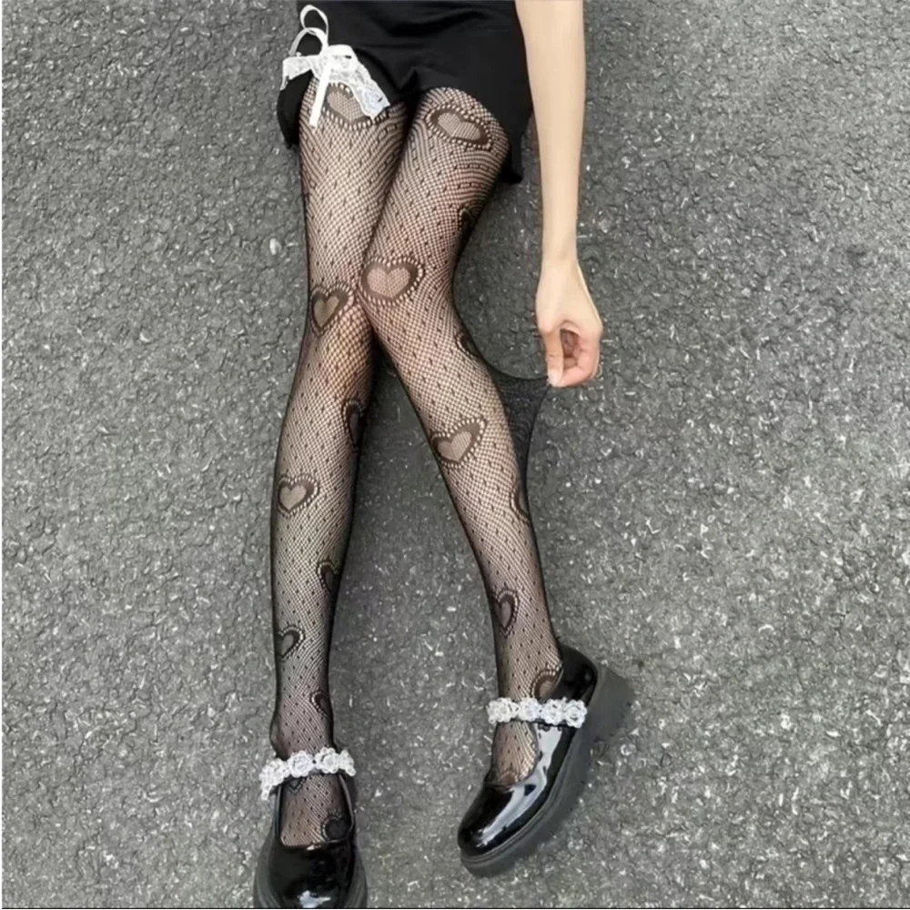 Heart Print Mesh Tights Black Sexy Cut Out High Waist Fishnet Pantyhose One Size
